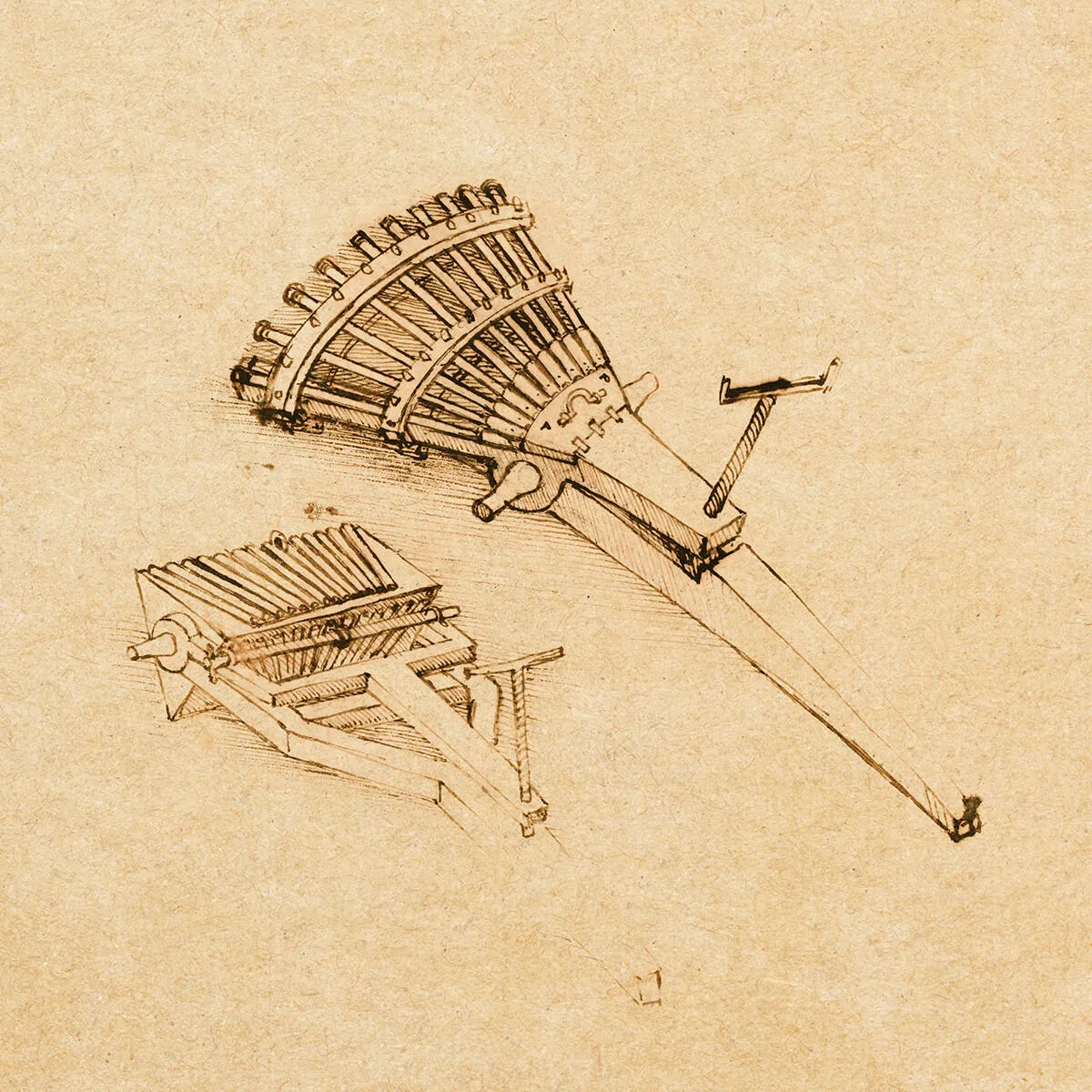 Sepia-toned sketch of two multi-barrel machine gun designs on parchment background.