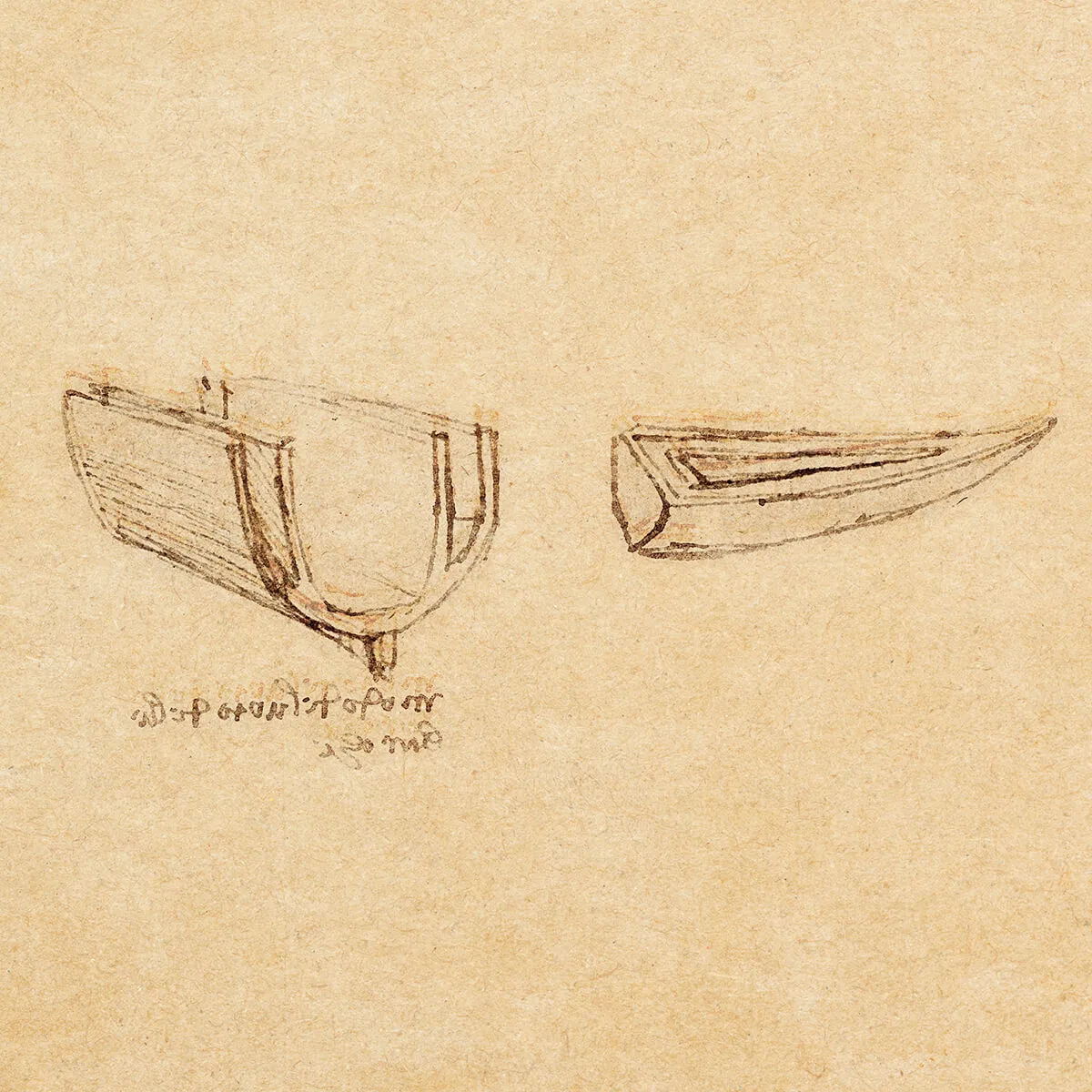 Sketch of two wooden boat hulls, one double-hulled and one single-hulled, on aged paper with handwritten notes.
