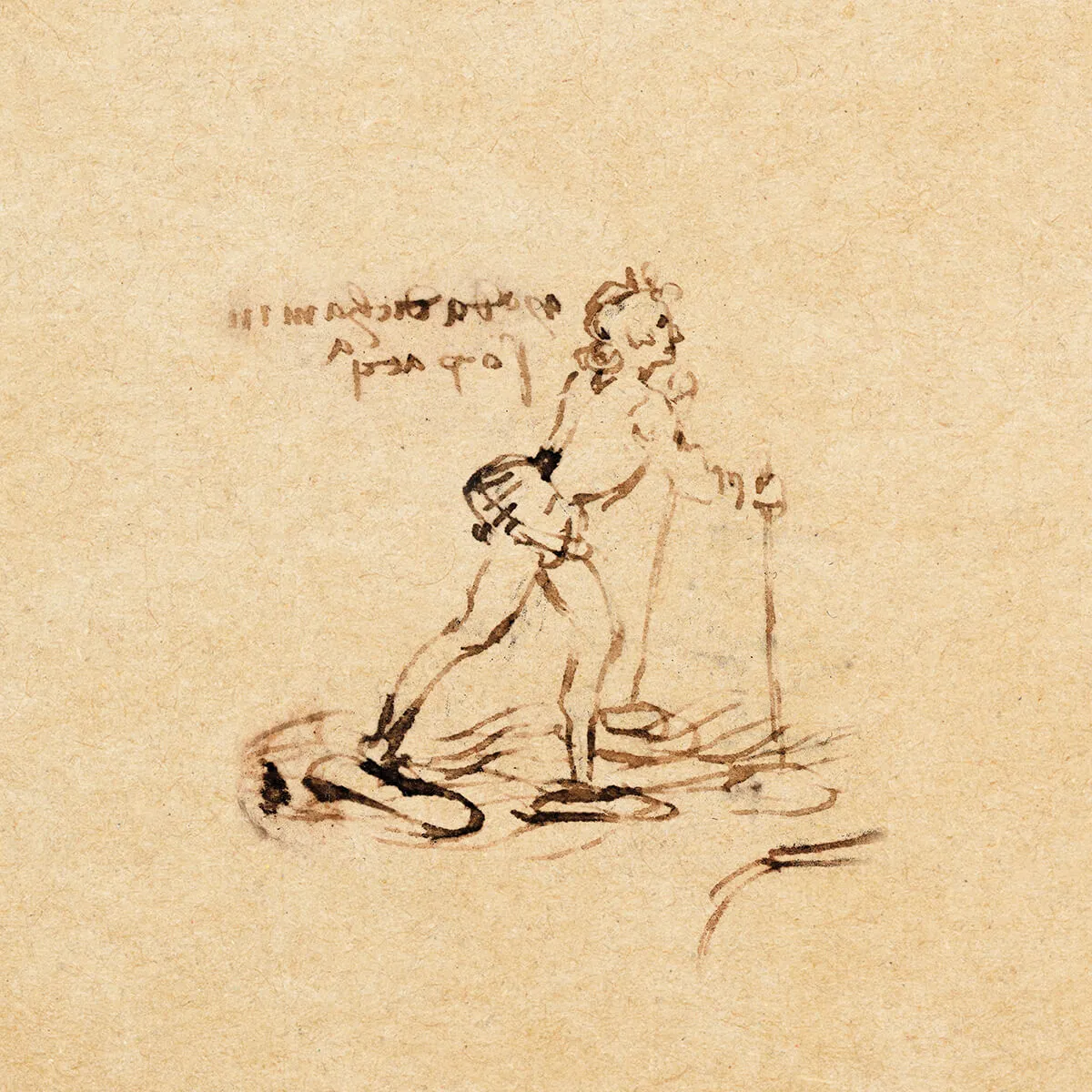 Sketch of a person wearing flippers and holding walking sticks, appearing to walk on water.