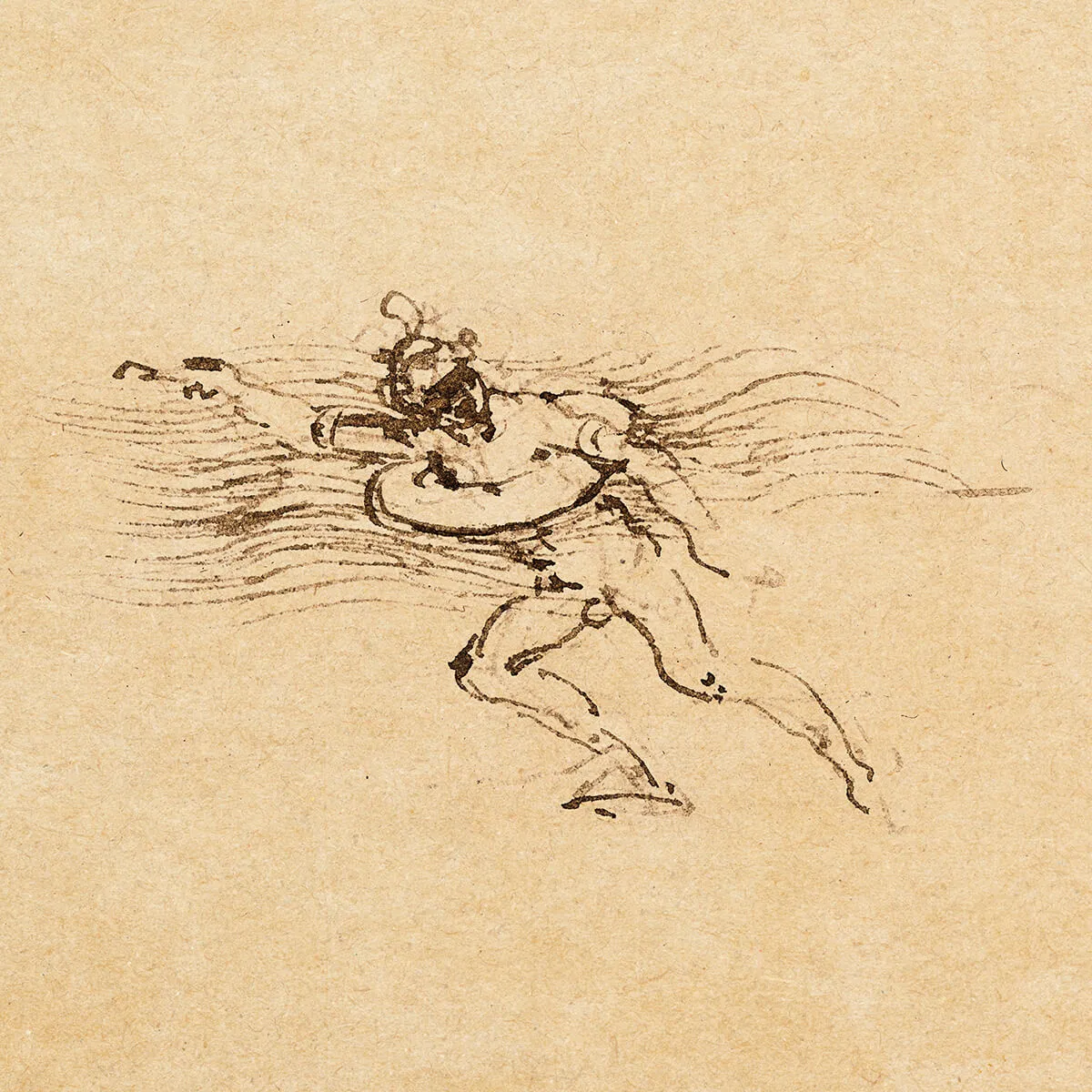 Ink sketch of a runner in motion with flowing lines suggesting speed on beige paper.