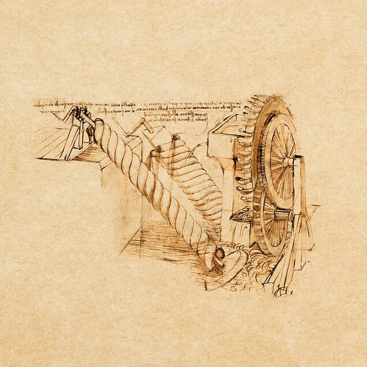 Leonardo da Vinci's sketch of an Archimedes screw mechanism for lifting water, including gears, wheels, and a helical screw.