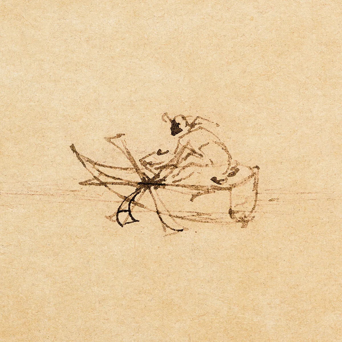 Ink sketch of a person rowing a small boat with visible oars on beige paper.