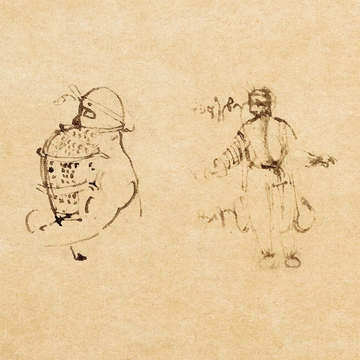 Sketches of two medieval-style figures on aged paper; one wearing armor and a helmet, the other in long robes with a beard.