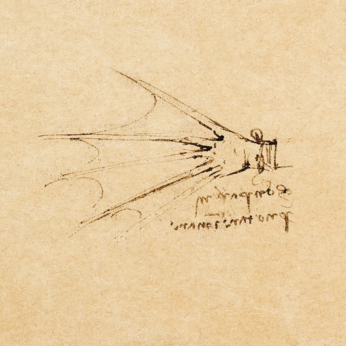 Sketch of a hand with extended fingers fitted with an early design of webbed hand flippers on aged paper.