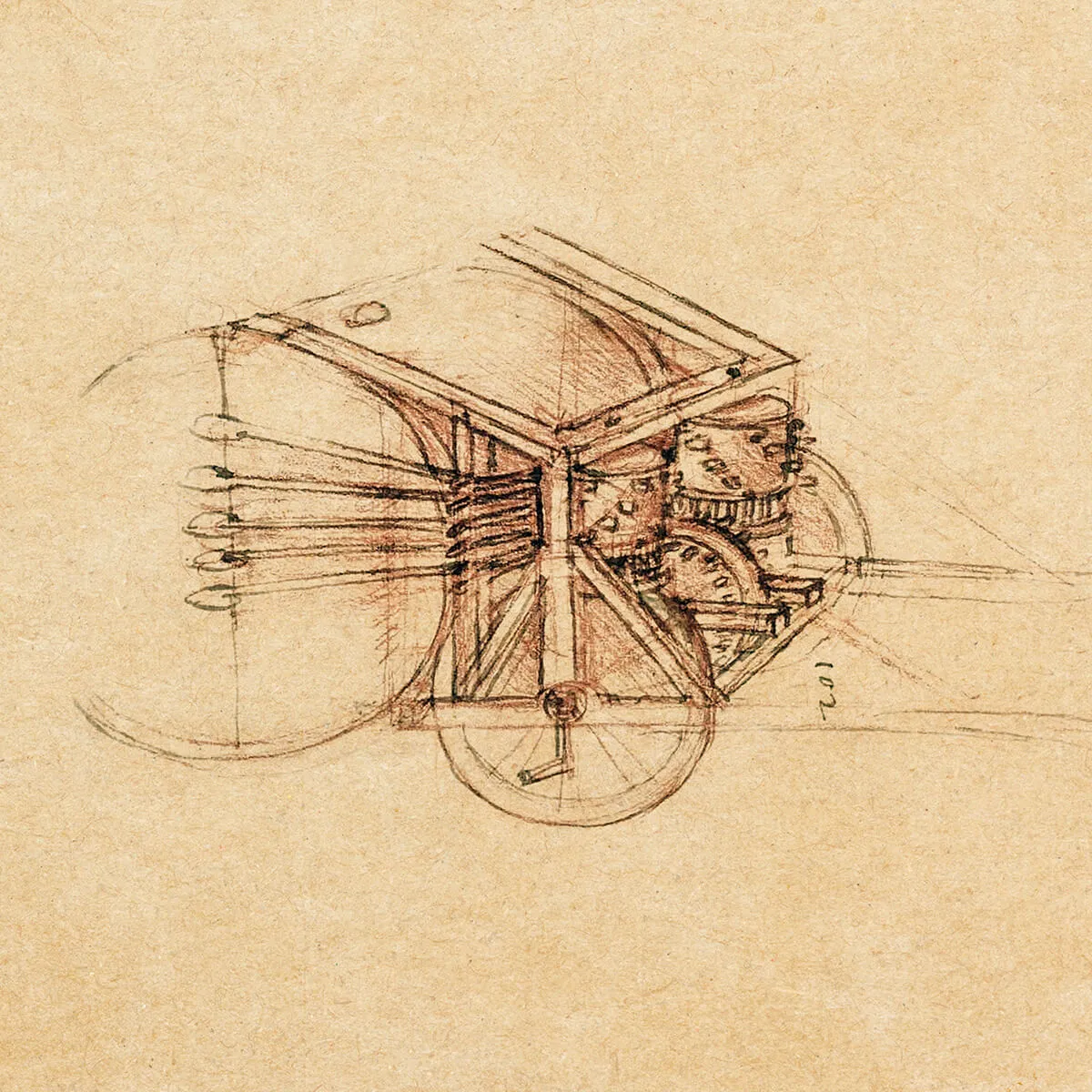 Leonardo da Vinci sketch of a mechanical multi-barreled gun with gears and a hand crank on a wheeled frame.