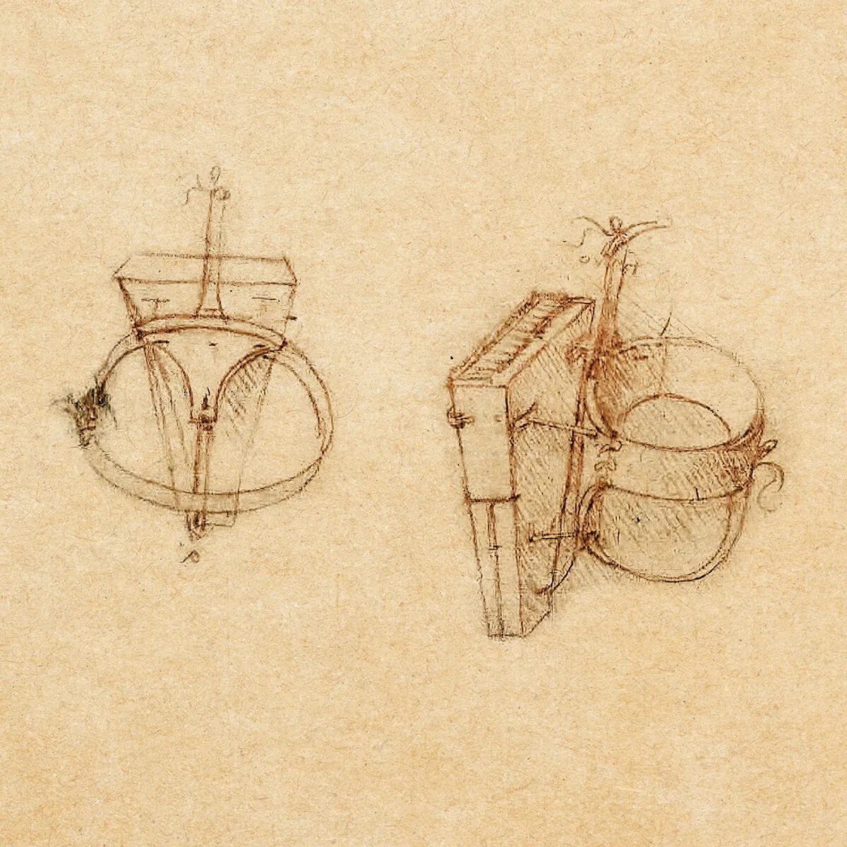 Two sepia-toned sketches on aged paper, one showing a circular mechanical design and the other a three-dimensional box and cup-like containers connected by rods.