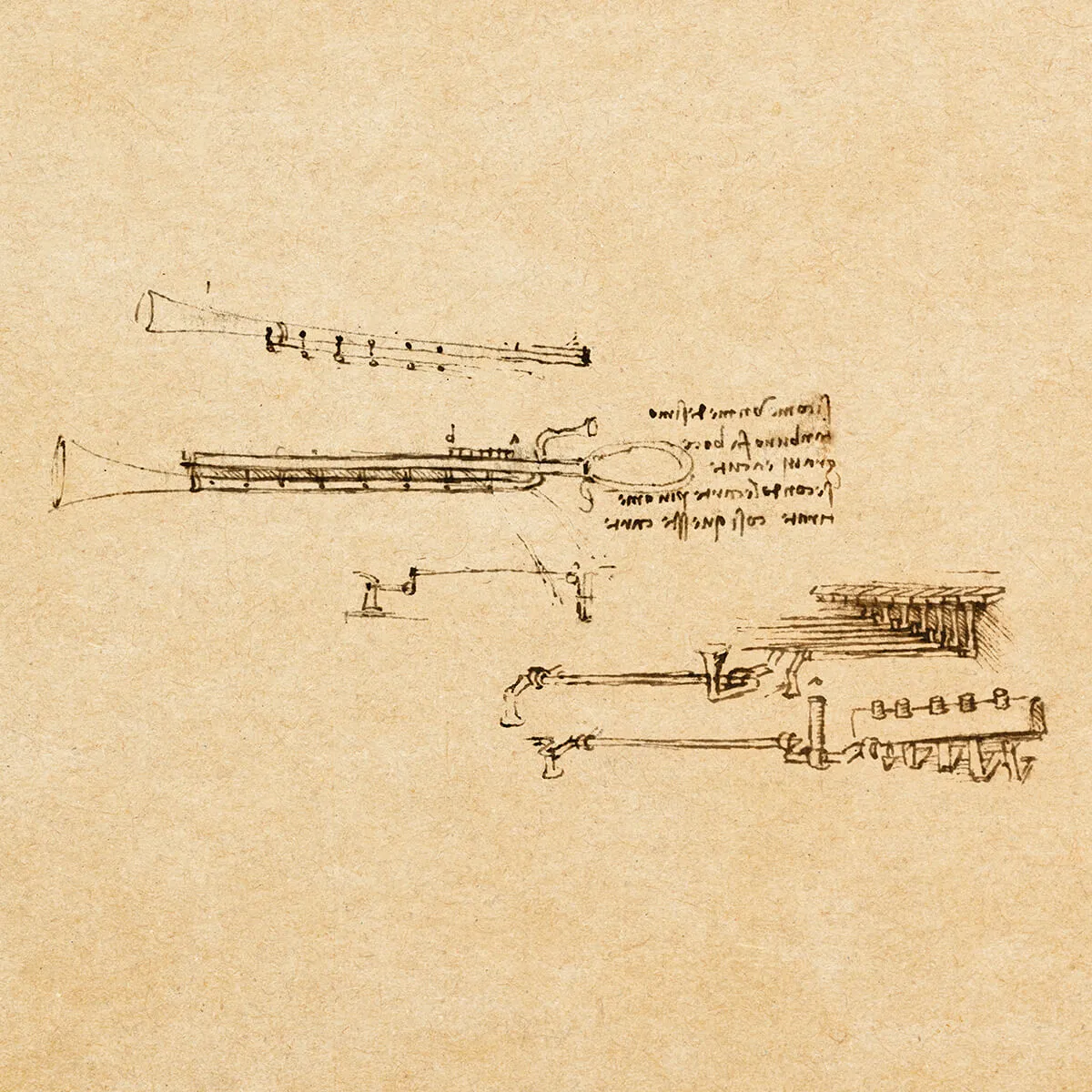 Leonardo da Vinci's sepia sketch showing a double flute design with mechanical details and handwritten notes on aged paper.