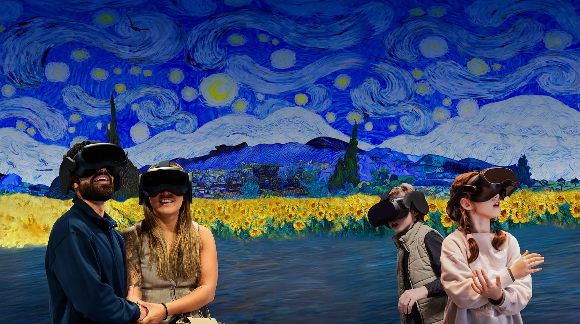 Two adults and two children wearing virtual reality headsets, standing in front of a digital backdrop inspired by Van Gogh's Starry Night and sunflower fields.