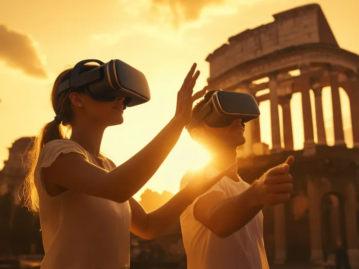 Two people wearing virtual reality headsets interacting in front of an ancient Roman Colosseum at sunset.