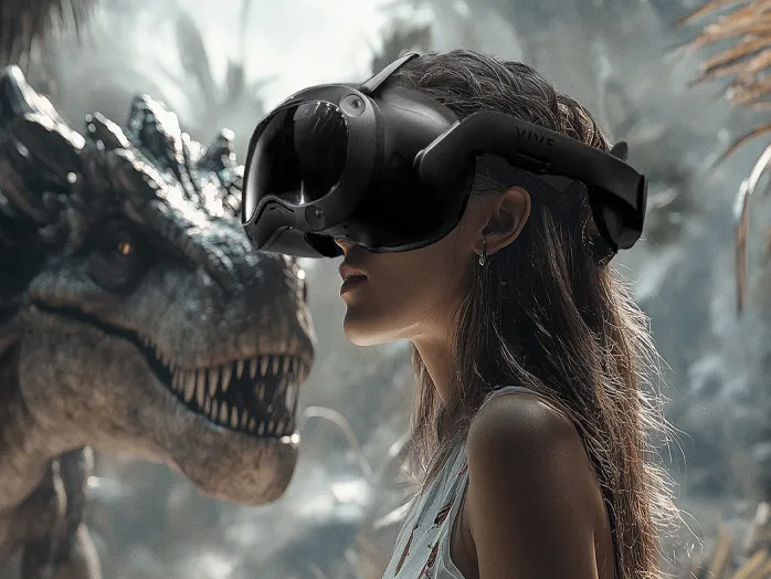 Woman wearing VR headset interacting with a virtual dinosaur in a jungle-like environment.