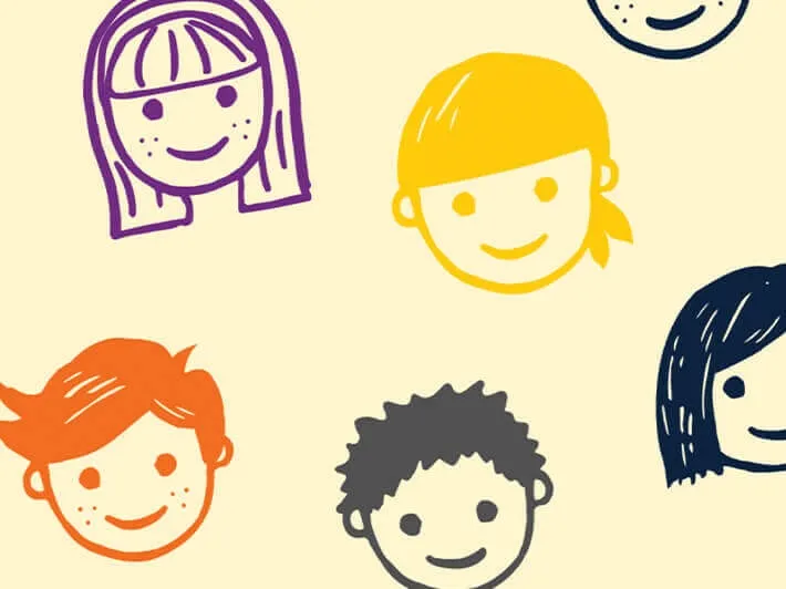 Illustrations of smiling children's faces in different colors on a light background.