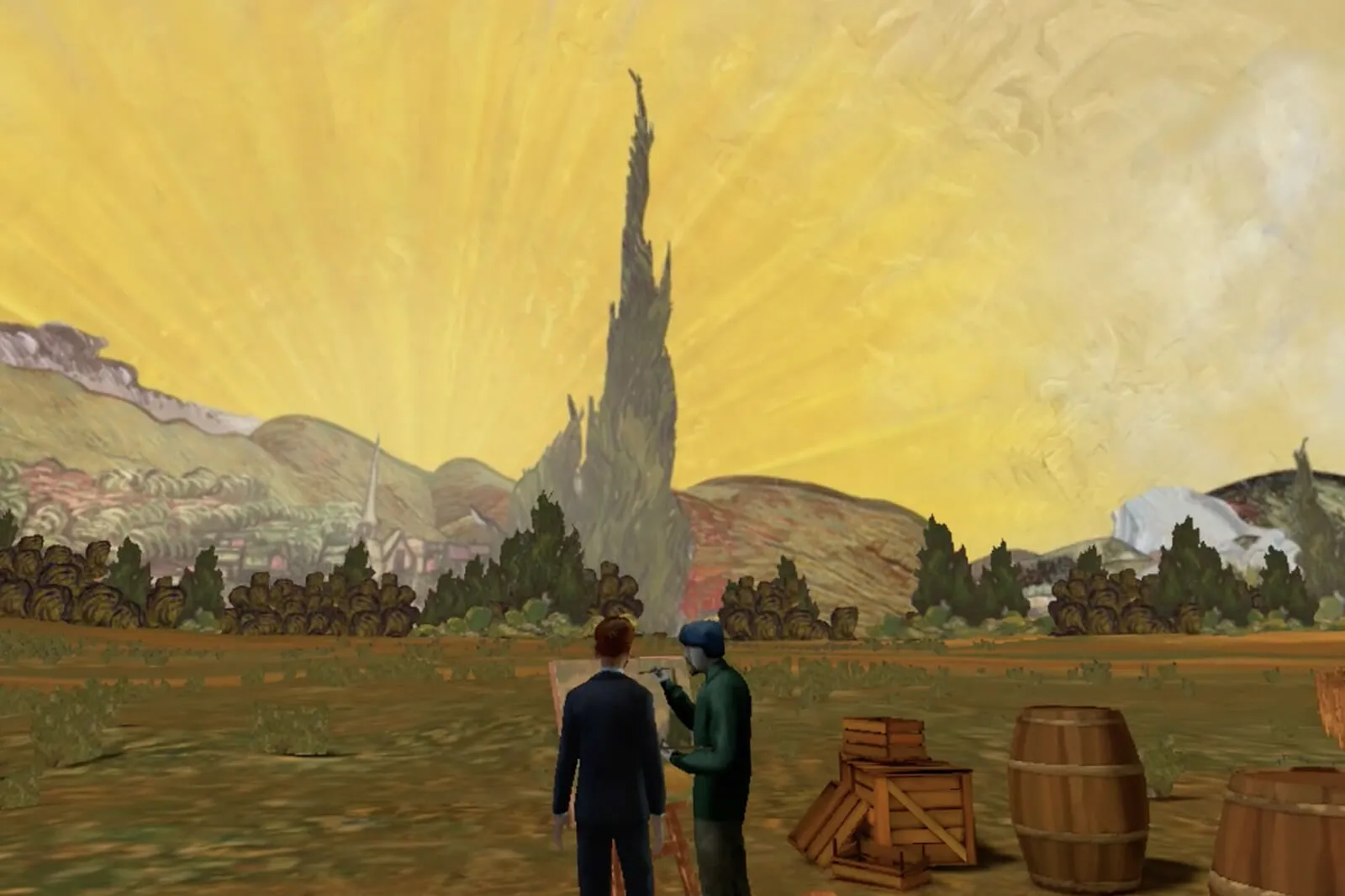 Two men outdoors with one painting on an easel against a vibrant yellow sky and green landscape with barrels and wooden crates nearby.