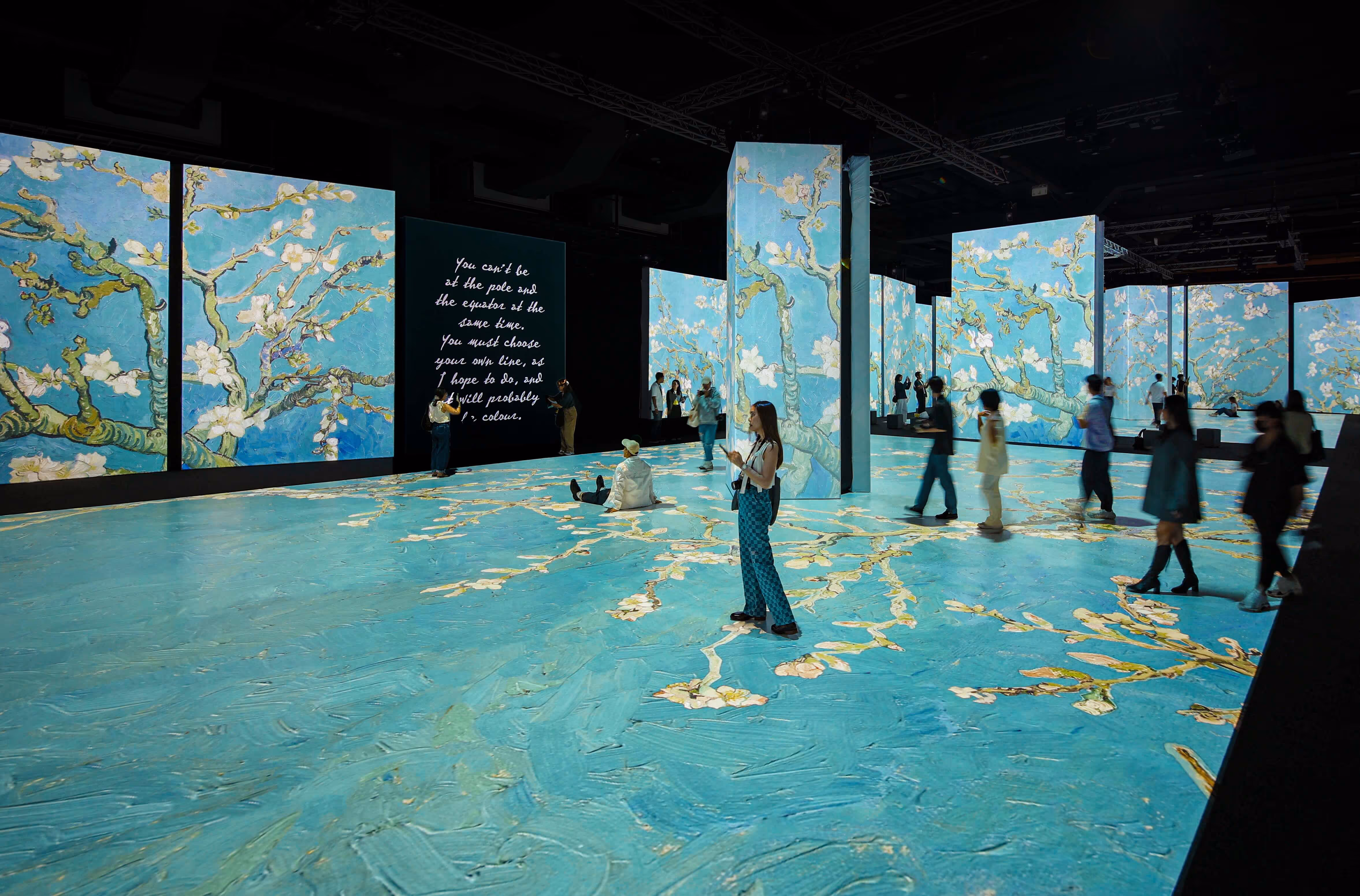 People walking and standing in an immersive art exhibit featuring large digital projections of Vincent van Gogh's almond blossom paintings on walls and floor.