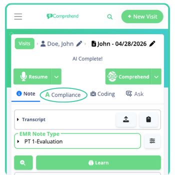 The Compliance tab inside Comprehend's EMR sidebar