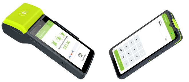 Two angled modern payment devices with green accents displaying transaction screens with keypad and $5.00 payment amount.