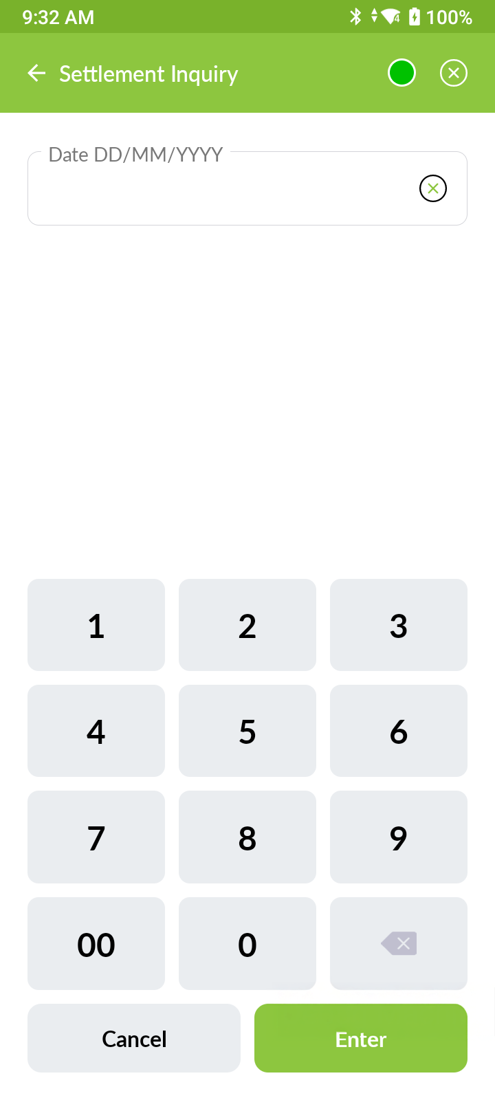 Mobile screen showing Settlement Inquiry with a date input field and a numeric keypad including buttons for digits, double zero, cancel, and enter.