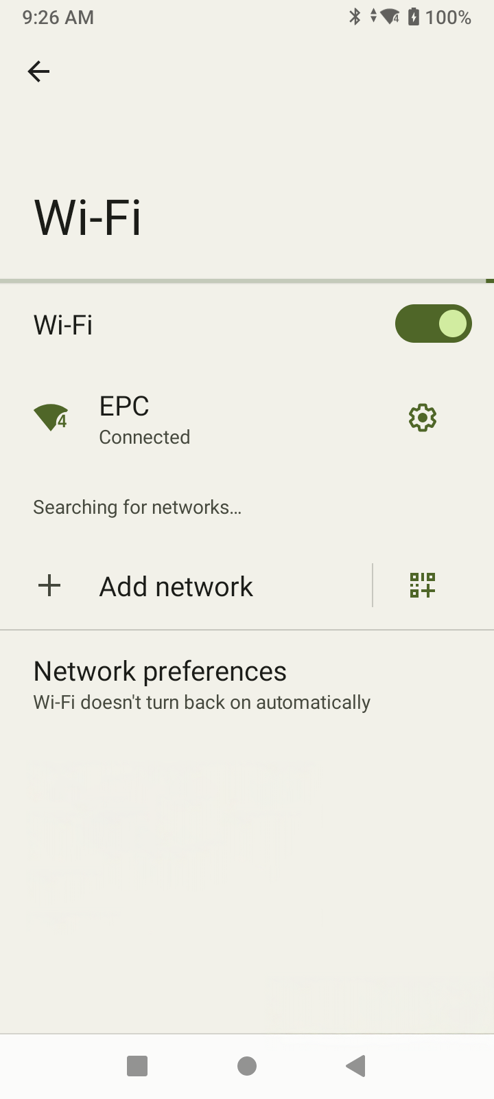 Mobile phone Wi-Fi settings screen showing connected network EPC with strong signal and an option to add network.