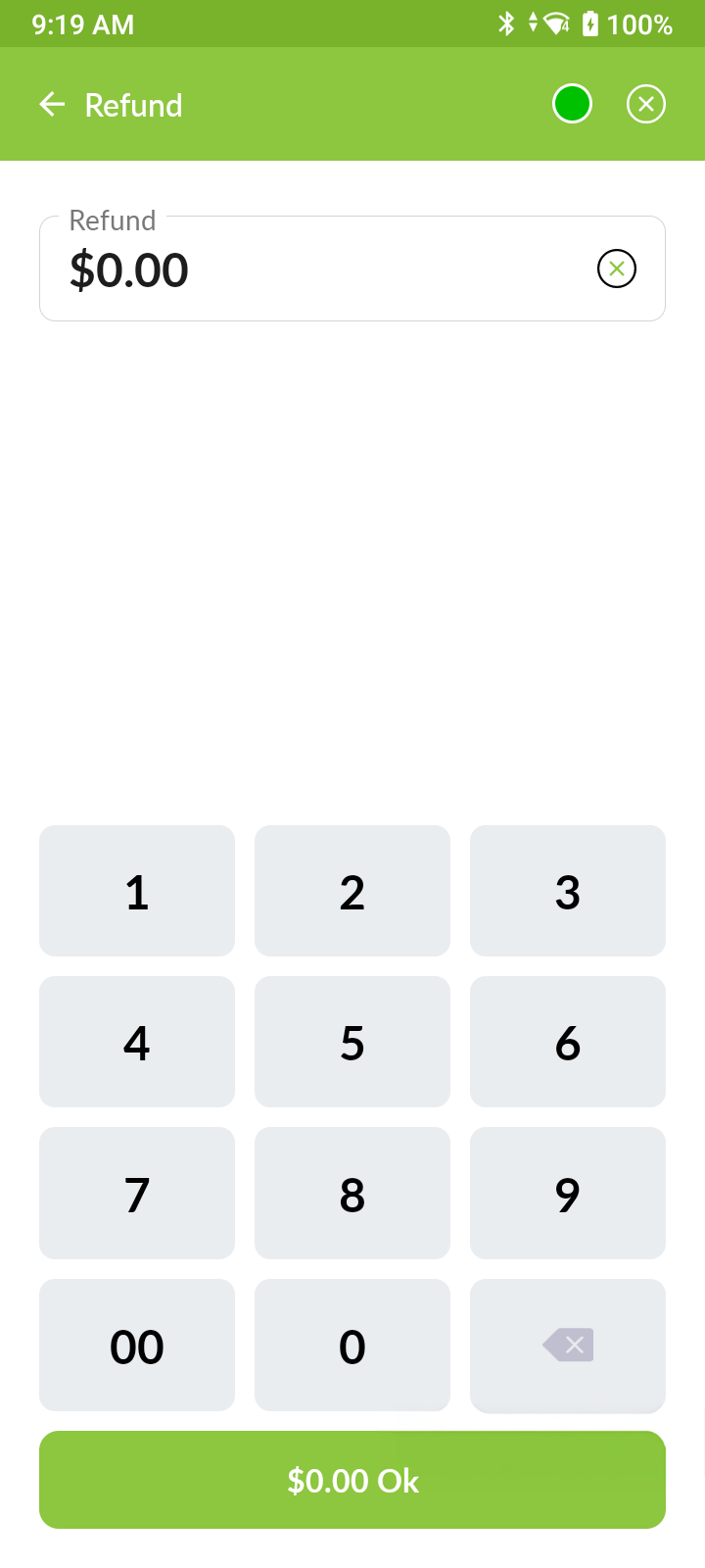 Mobile app screen for entering a refund amount with a numeric keypad and a green confirmation button showing $0.00 Ok.