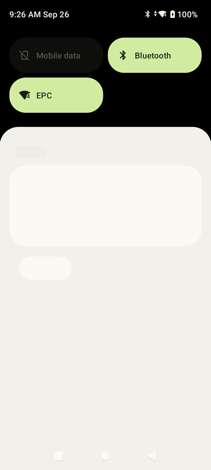 Screenshot of mobile phone quick settings showing Bluetooth and Wi-Fi connected to EPC, mobile data off, at 9:26 AM on September 26 with 100% battery.