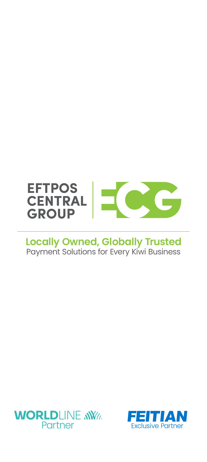 EFTPOS Central Group logo with tagline Locally Owned, Globally Trusted, payment solutions for every Kiwi business, and partner logos for Worldline and Feitian.