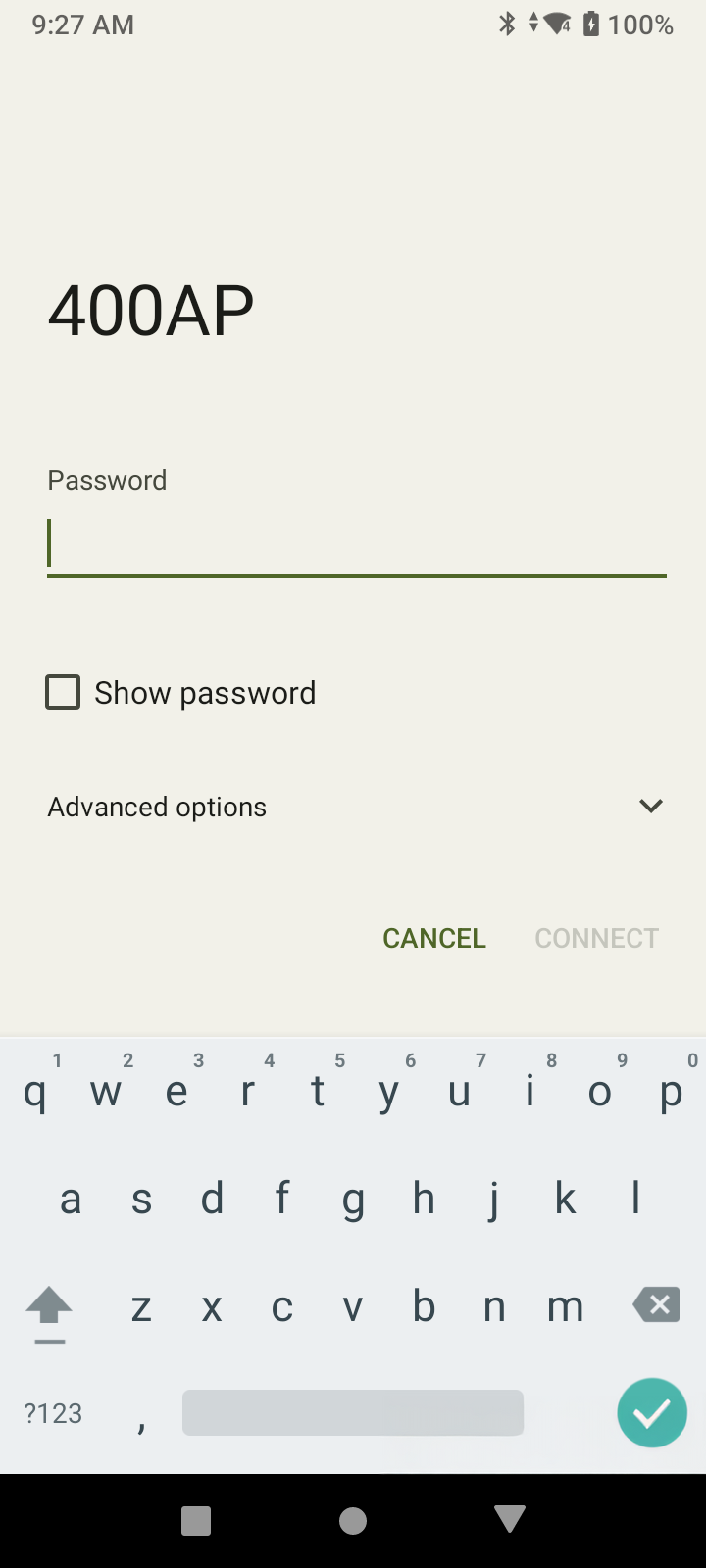 Mobile screen showing Wi-Fi network '400AP' password entry with an on-screen keyboard and options to show password, cancel, or connect.