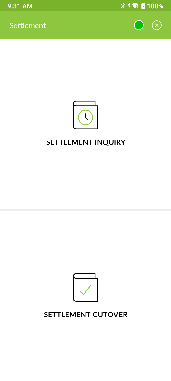 Mobile screen with two settlement options: Settlement Inquiry showing a clock icon and Settlement Cutover showing a checkmark icon.