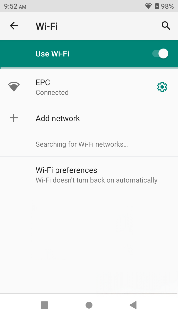 Mobile device Wi-Fi settings screen showing Wi-Fi enabled, connected to network EPC, and options to add network and Wi-Fi preferences.