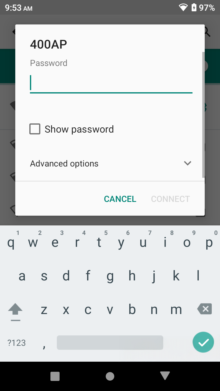 Mobile screen showing Wi-Fi network '400AP' password entry prompt with keyboard and options to show password, cancel, or connect.