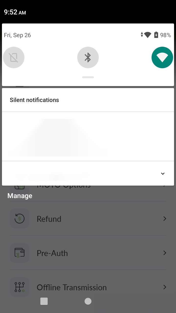 Android notification panel showing time 9:52 AM, date Fri, Sep 26, silent notifications, and quick settings for Bluetooth and Wi-Fi.