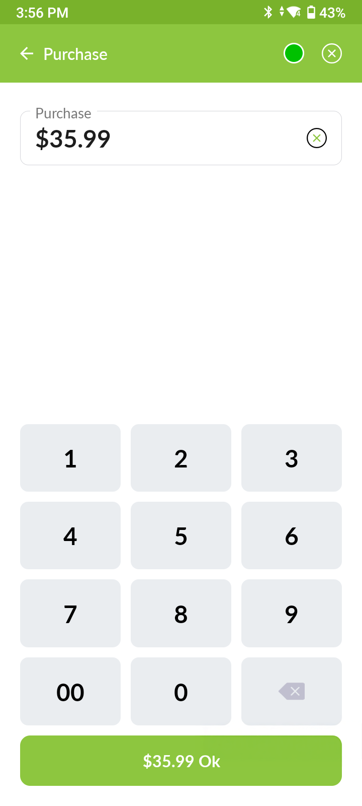 Mobile app purchase screen with $35.99 entered and numeric keypad for entering amount.
