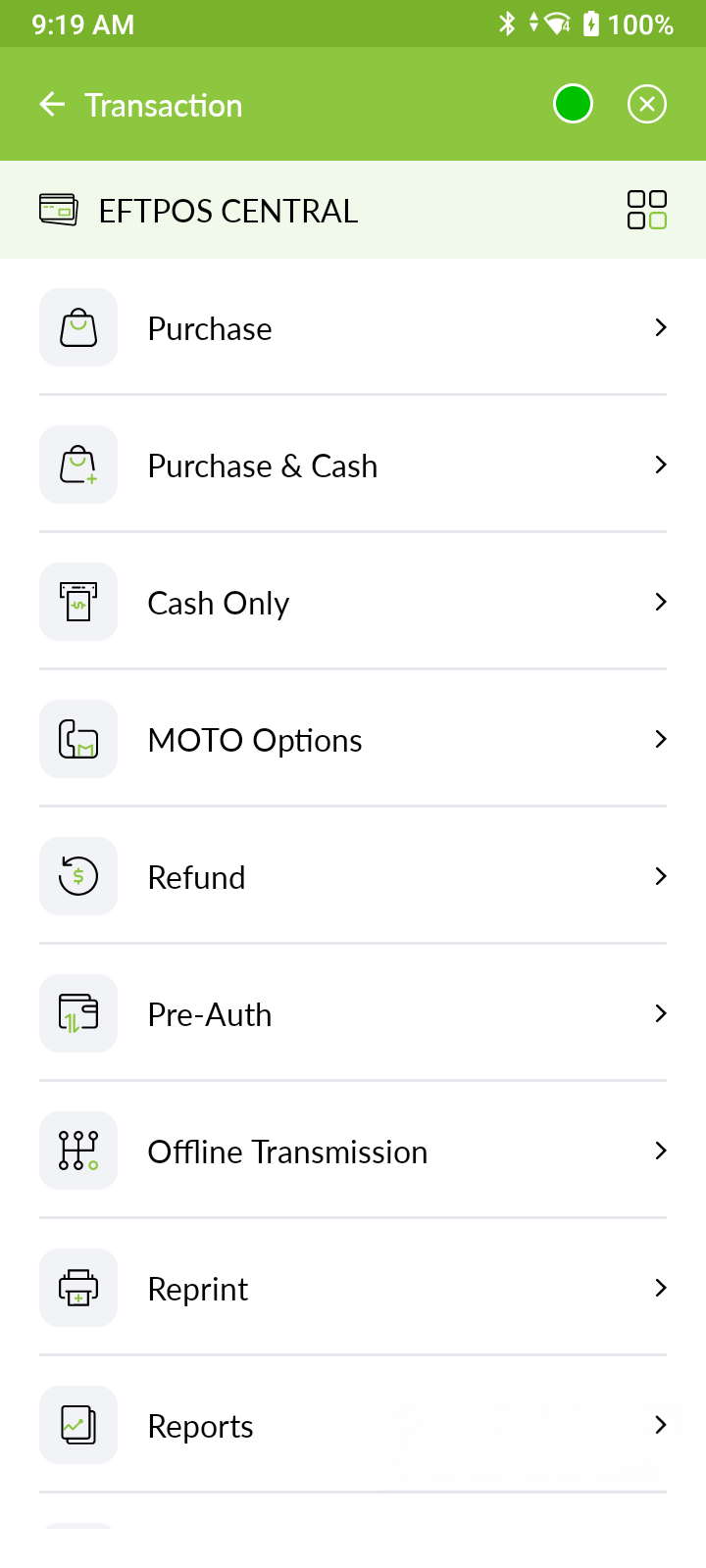 Mobile screen showing EFTPOS CENTRAL transaction menu with options: Purchase, Purchase & Cash, Cash Only, MOTO Options, Refund, Pre-Auth, Offline Transmission, Reprint, and Reports.