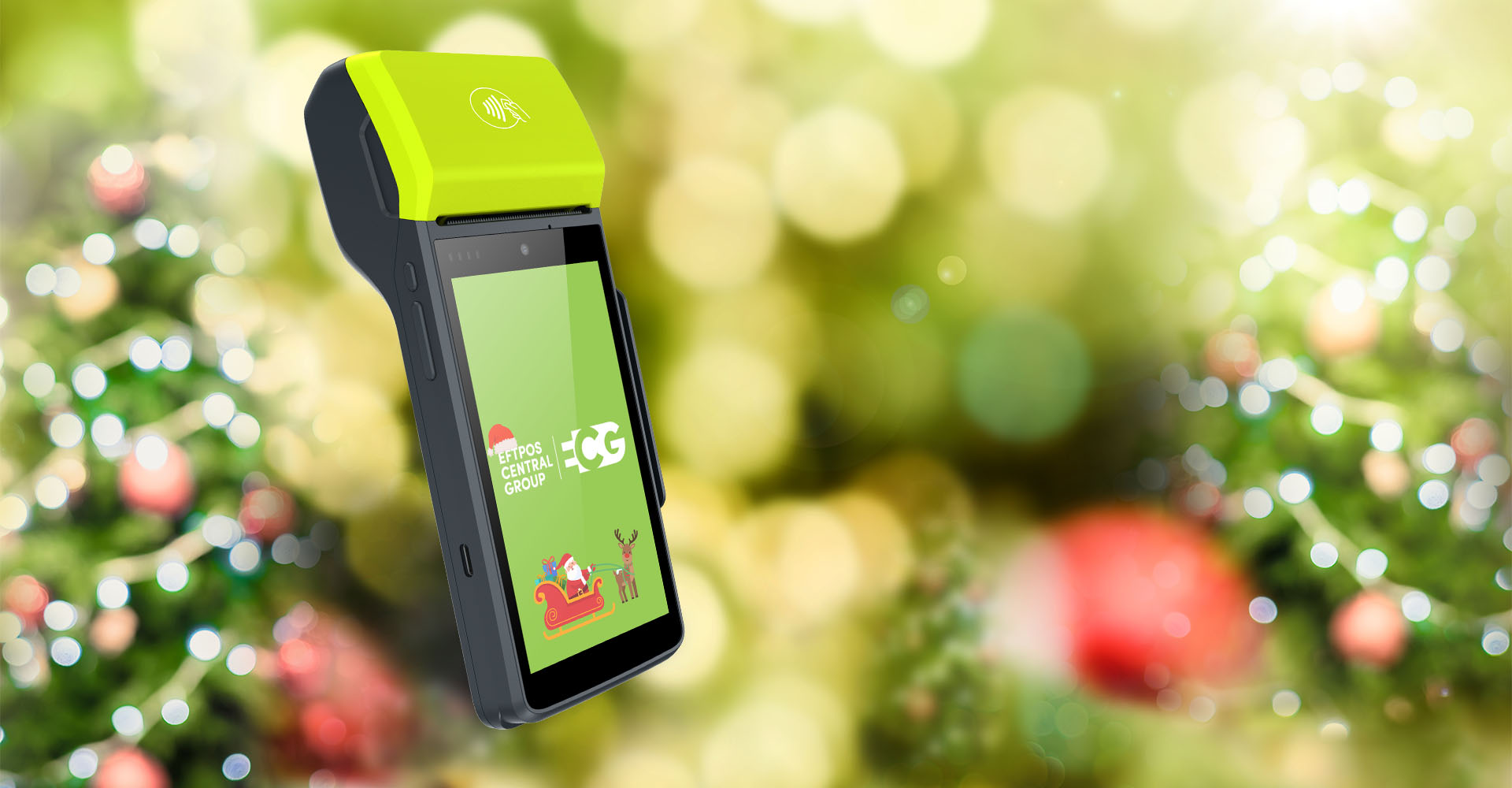 Feitian EFTPOS Terminal with Christmas-themed screen showing Santa and a reindeer, set against a blurred festive background.