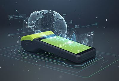 Futuristic handheld EFTPOS Machine with holographic globe and data projections above the screen.