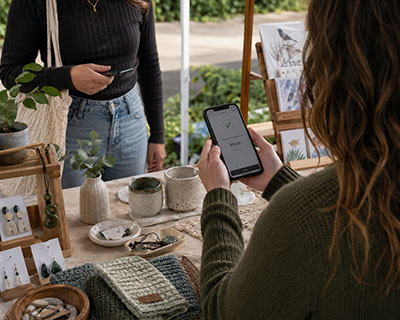 A person shows a phone with a payment confirmation checkmark to a seller at a ceramic and jewelry market stall.