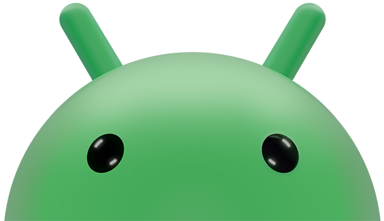 Top portion of a green Android robot head with two antennae and black eyes.