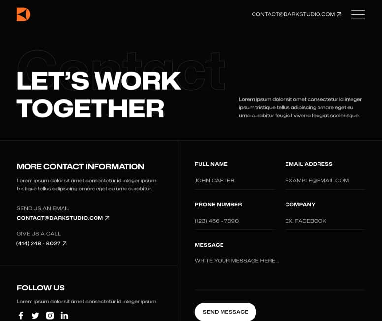 Darkstudio X - Contact Page - Branding Studio Webflow Template