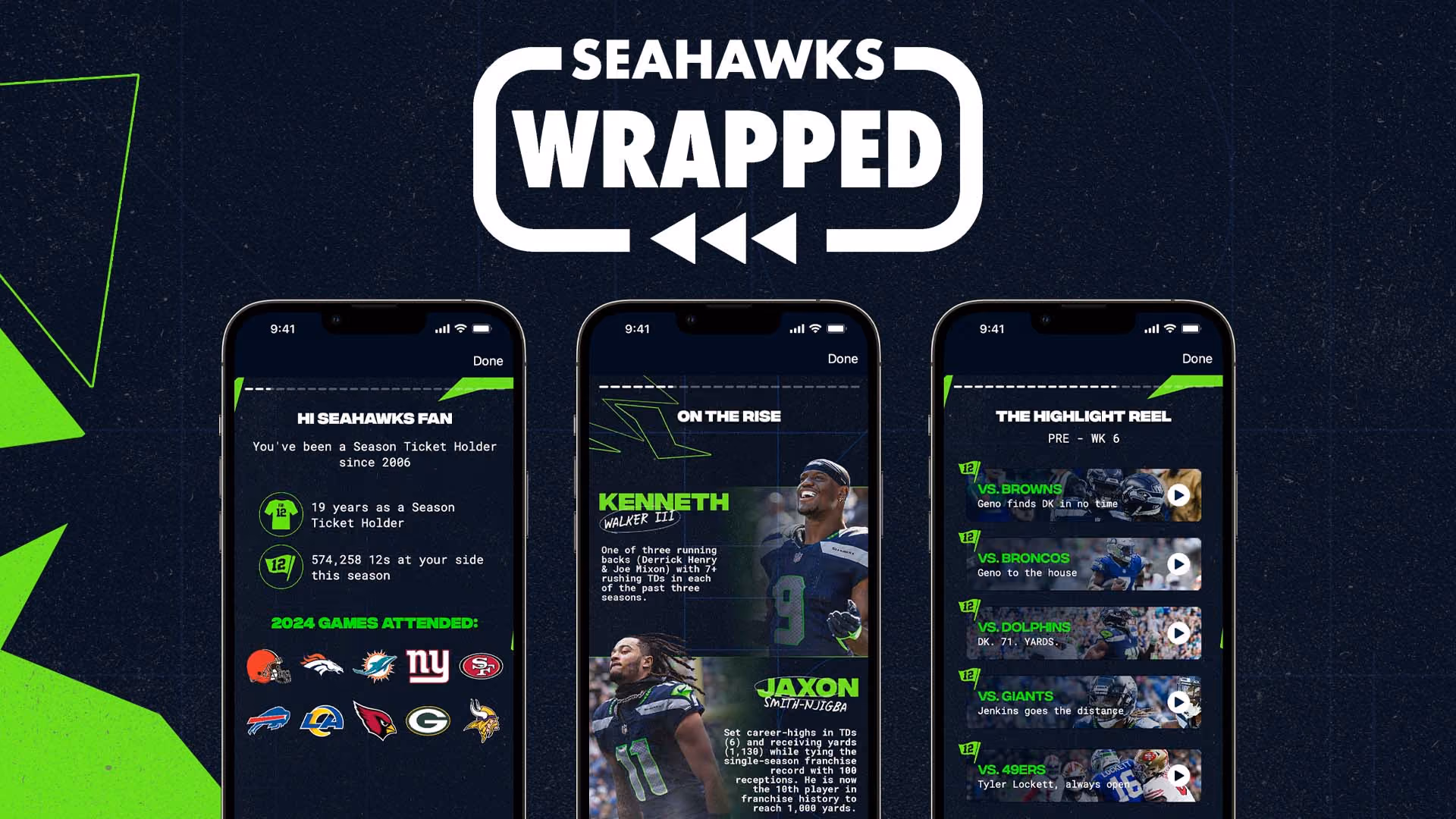 Seahawks Wrapped - screenshots of the Seahawks Wrapped app experience.