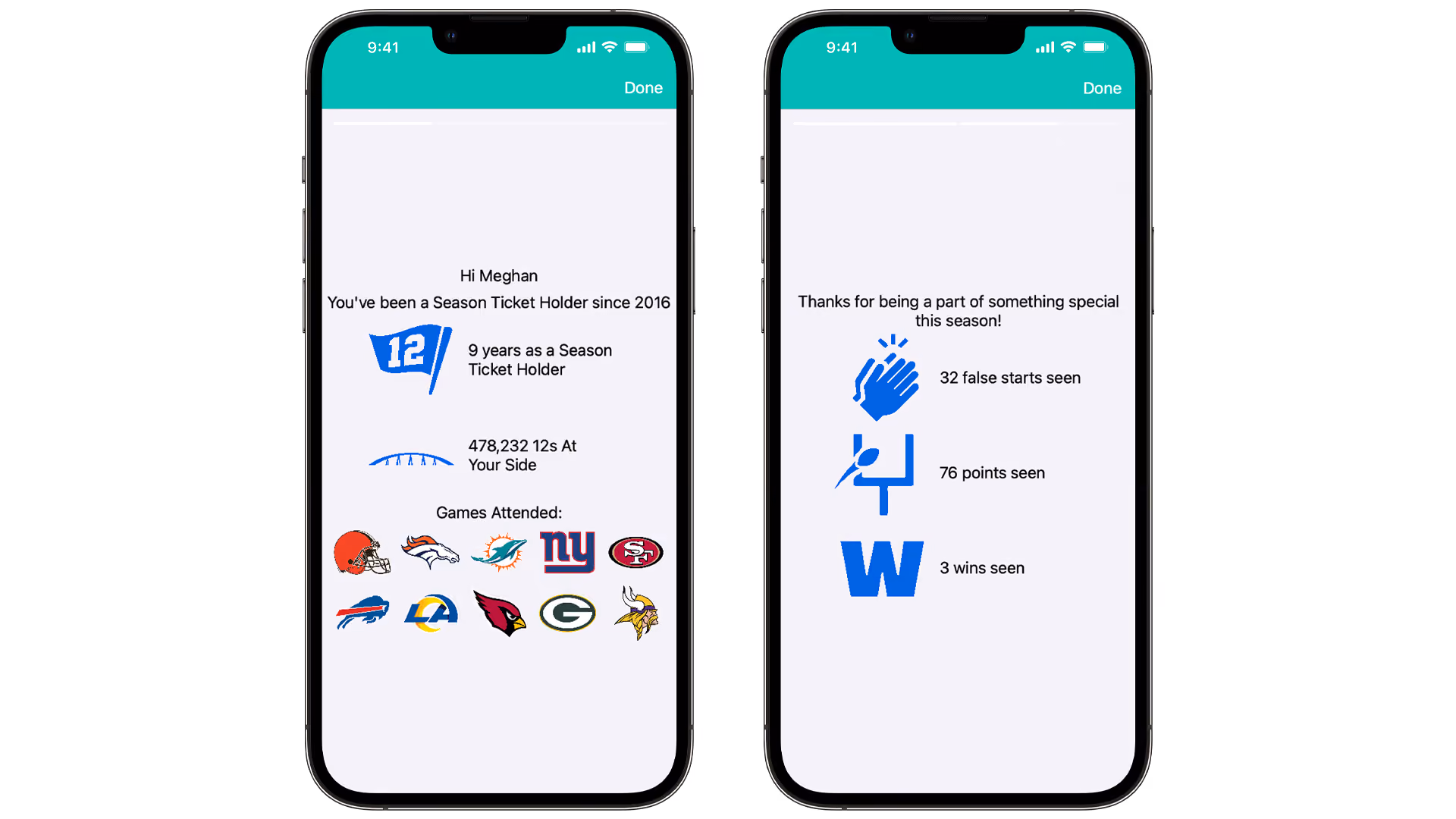 Screenshots of the first Seahawks Wrapped functional prototype.