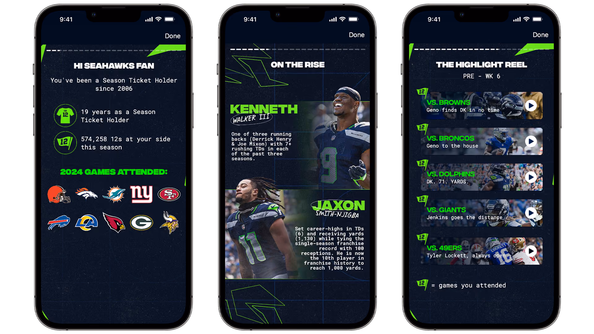 Screenshots of the Seahawks Wrapped app experience.