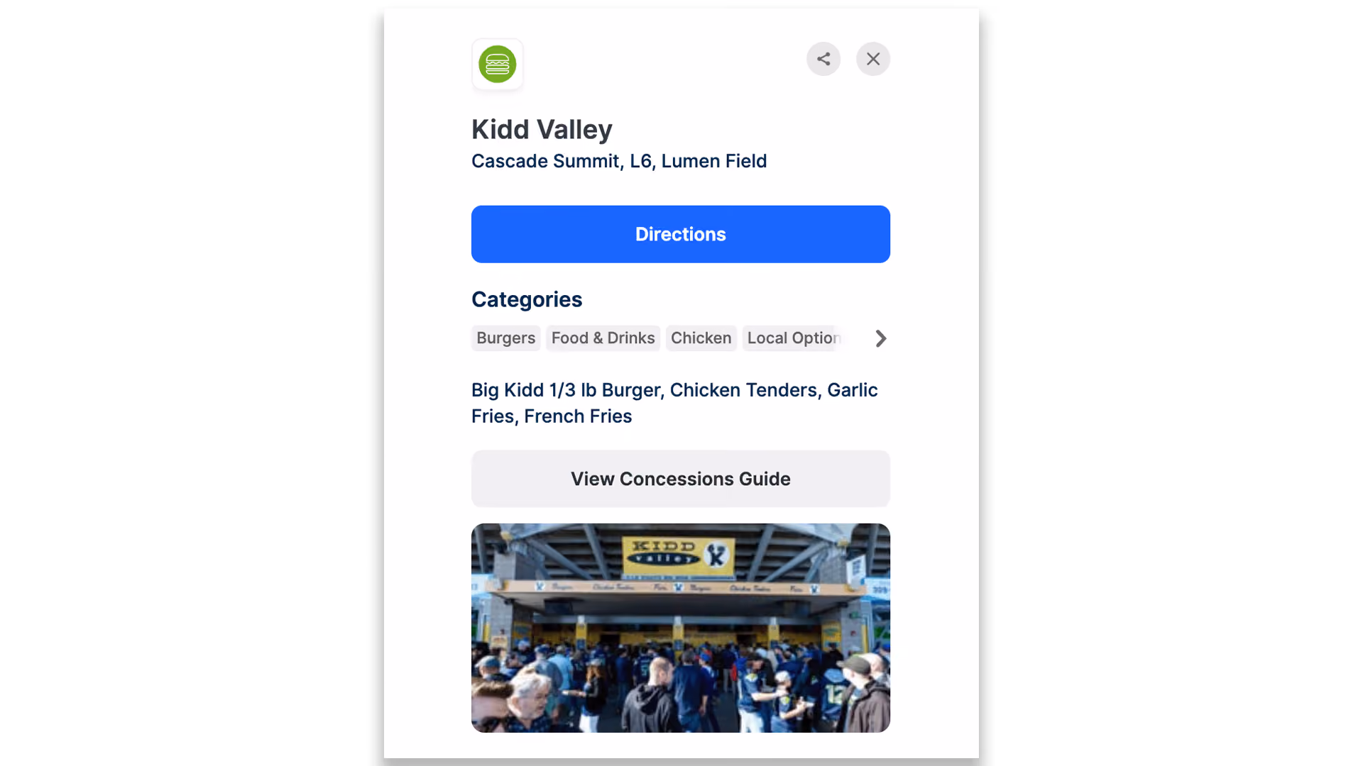 A concession location with a menu and food categories on a Lumen Field directory.