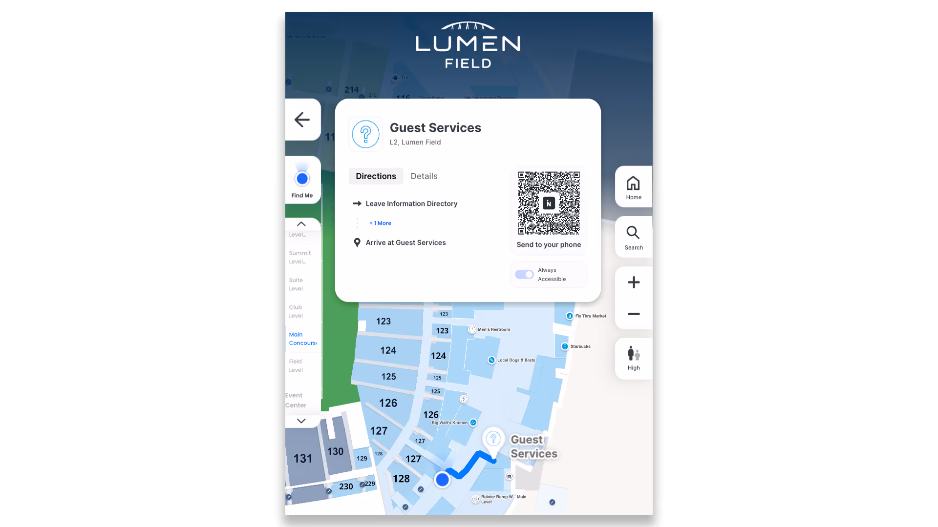 A screenshot of a Lumen Field directory giving directions step-by-step and via QR code.