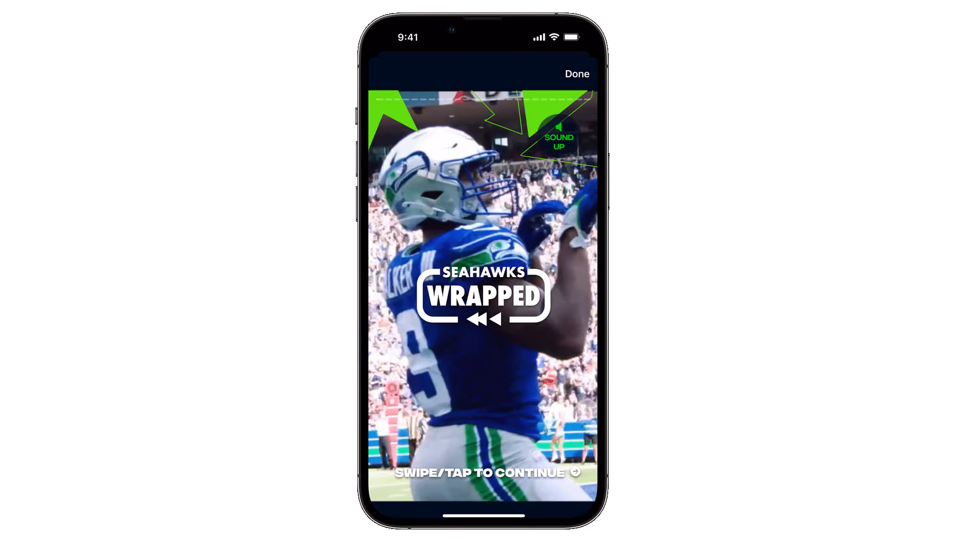 A screenshot of the first slide of Seahawks Wrapped with a Sound Up button and Slide/Tap to Continue text.