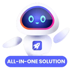 Friendly robot with blue face and rocket icon on chest labeled All-in-One Solution.