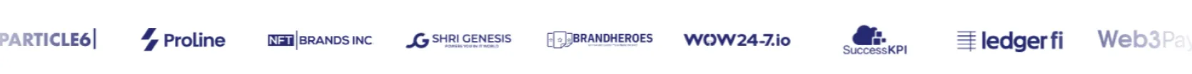 Logos of PARTICLE6, Proline, NFT Brands Inc, Shri Genesis, Brandheroes, WOW24-7.io, SuccessKPI, and LedgerFi in a row.