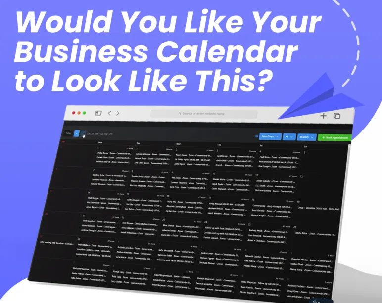 Business calendar interface in dark mode with a question asking if you'd like your business calendar to look like this.