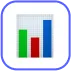 Icon of a bar chart with green, blue, and red vertical bars inside a rounded square border.