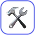 Icon of crossed wrench and screwdriver inside a rounded square with a gradient blue border.