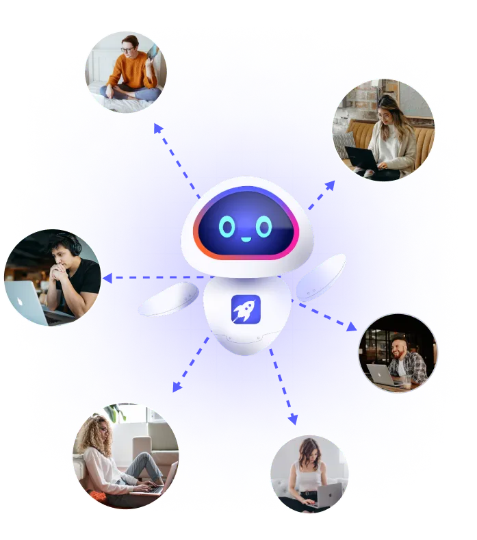 Friendly robot icon surrounded by six people using laptops in diverse work or study settings.