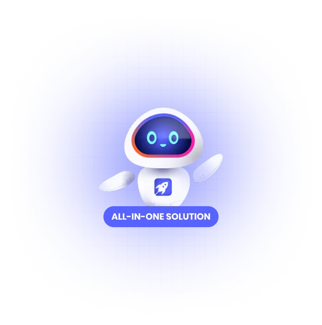Cute robot with a dark screen face and rocket icon on body labeled all-in-one solution on a blue grid background.