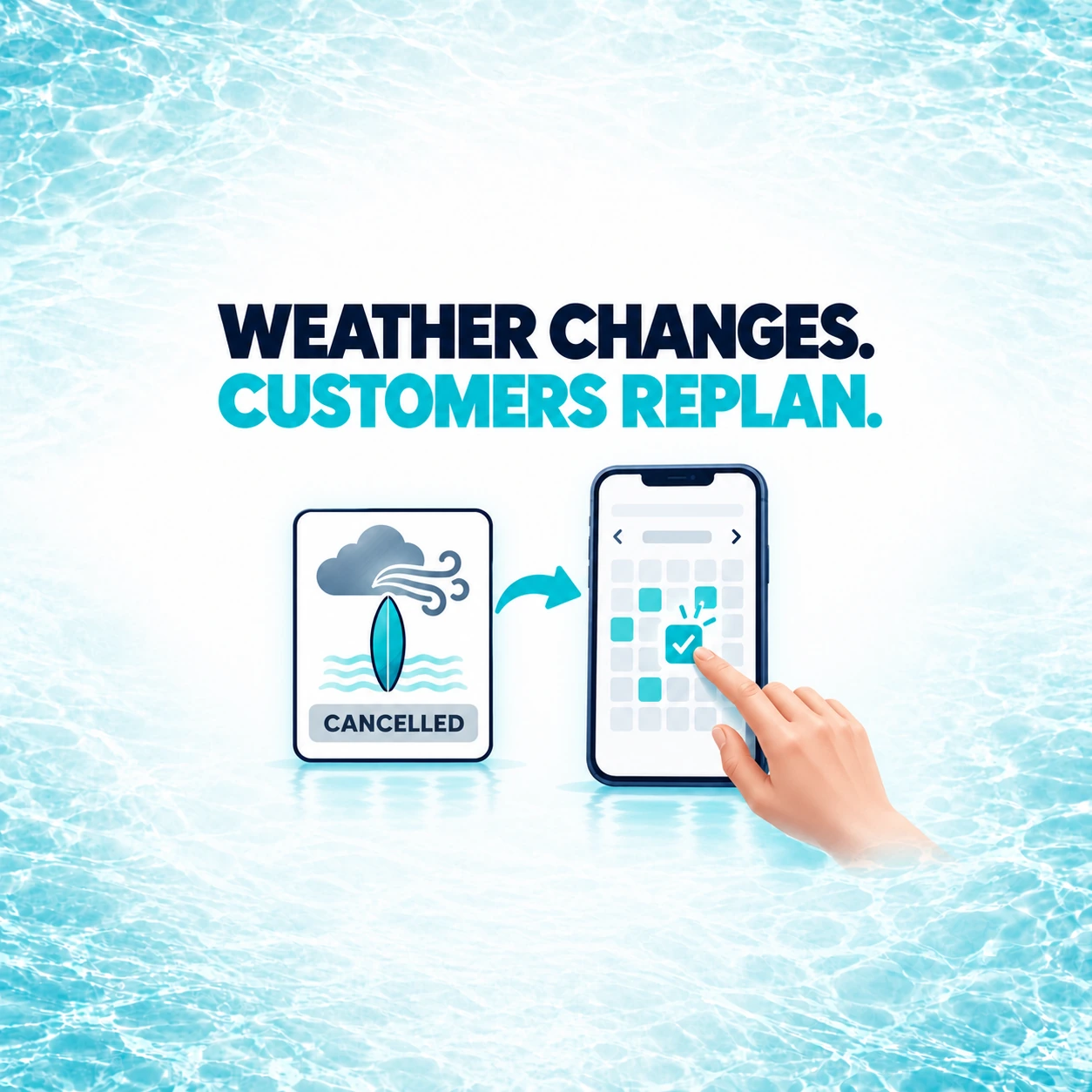 A weather-cancelled watersports lesson connects to a phone where a customer selects a new available lesson date.